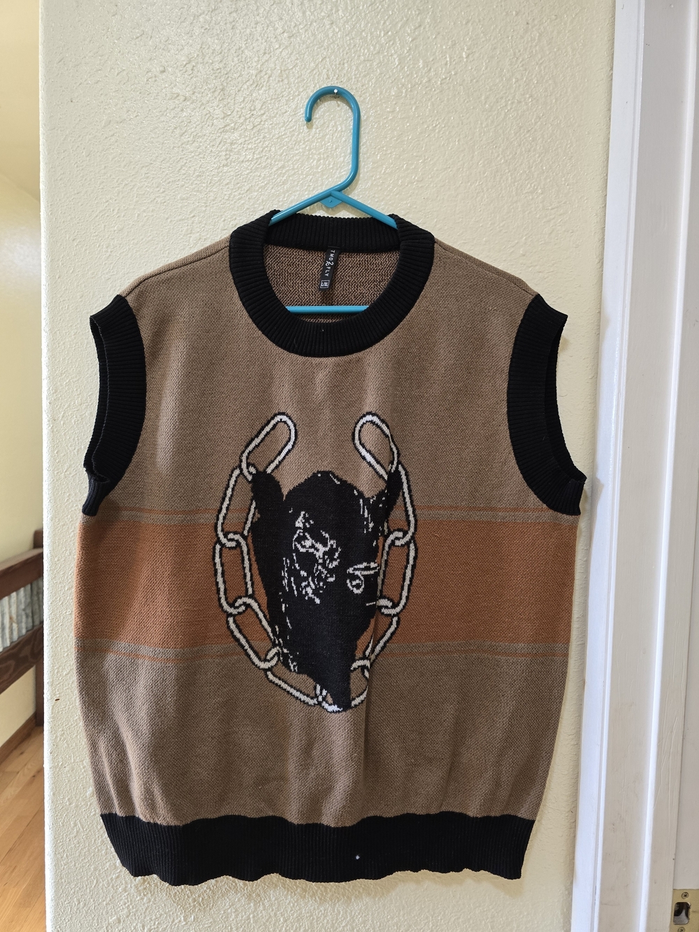 2 Fky Women's Brown & Black Sleeveless Knit Sweater with Angus Graphic